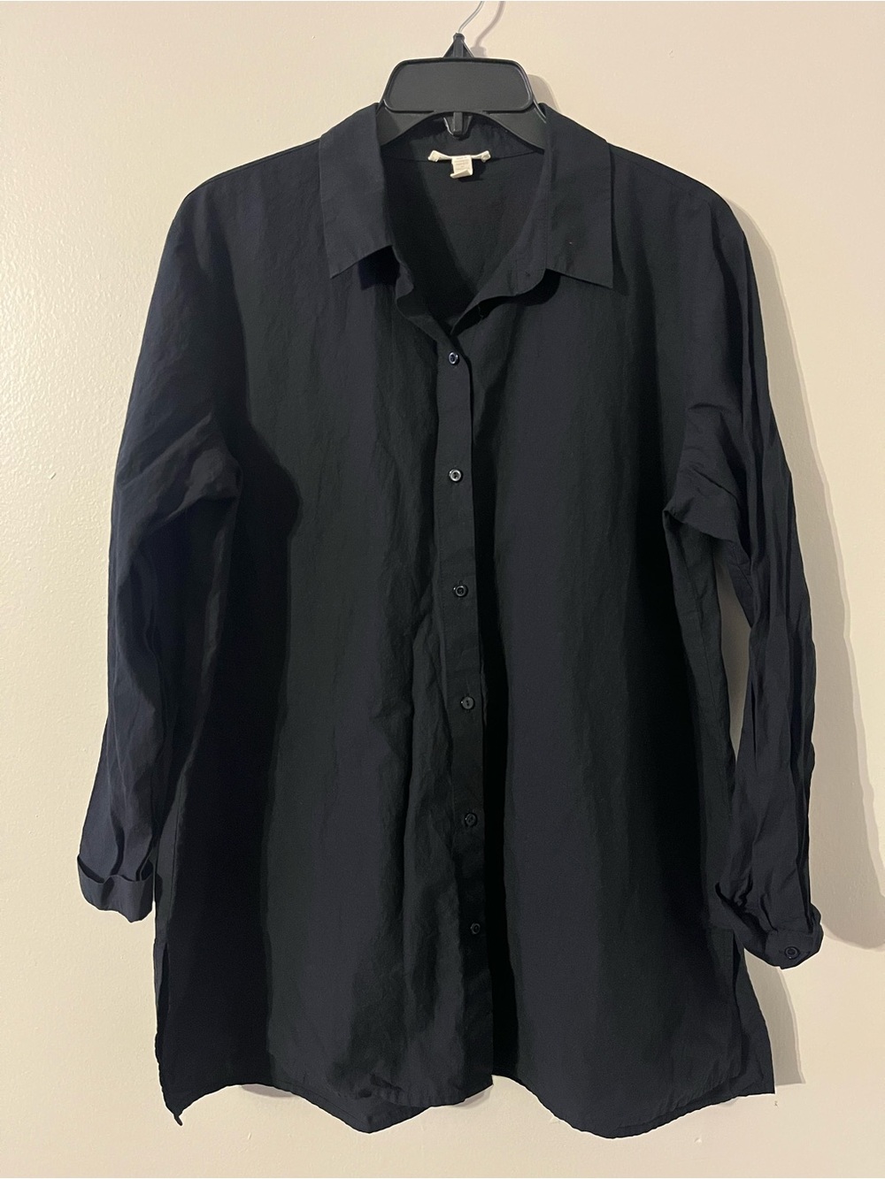 EUC Eileen Fisher 100% Organic Cotton Black Classic Collar Shirt Sz- Ladies L